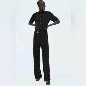 Zara Black Short Sleeve Button Front Belted Jumpsuit Small